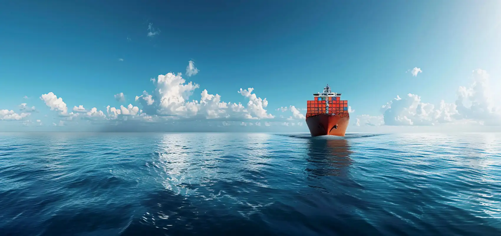 Navio cargueiro navegando em oceano azul sob céu limpo com nuvens, representando a logística verde e a sustentabilidade no comércio exterior